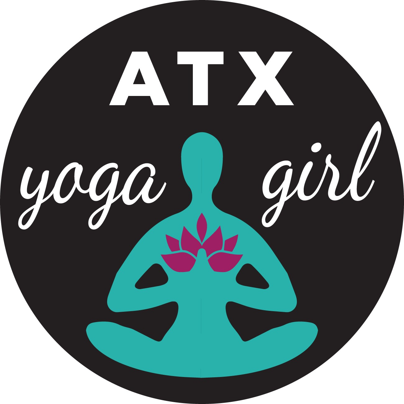 Graphic reading ATX yoga girl. with outline of a figure performing a seated yoga pose.